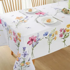 Mantel rectangular impermeable con diseño floral en acuarela para la mesa de primavera.