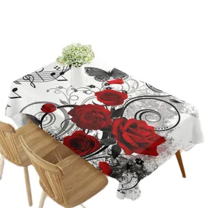 Tovaglia rettangolare impermeabile con rose rosse e note musicali, ideale per la tavola.