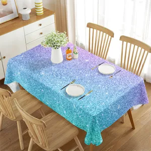 Mantel rectangular impermeable con purpurina degradado azul violeta detalle de mesa de comedor.