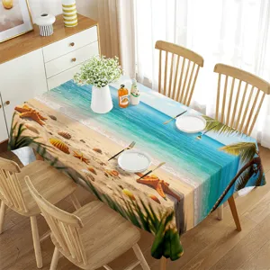 Tovaglia rettangolare impermeabile con stampa di spiaggia, conchiglie e palme per decoro.