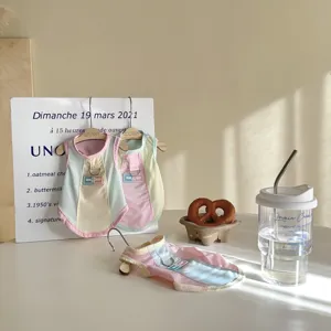 Summer breathable ice silk pet dog vest with harness ring, cute pastel color block design.