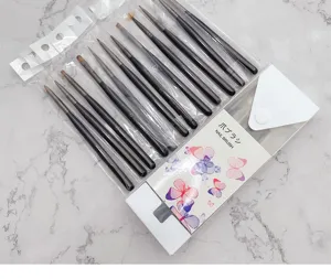 Detailed view of the 12pcs professional nail art brush set in a clear button pouch with butterfly card.