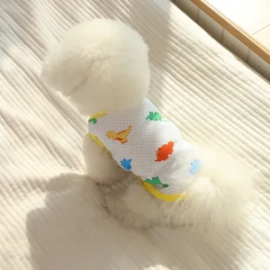 Summer dinosaur pattern pet vest detail view, breathable mesh small dog clothes item.