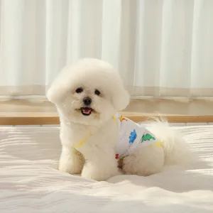 Summer dinosaur print mesh dog vest for small dogs and cats, breathable pet clothes detail view.