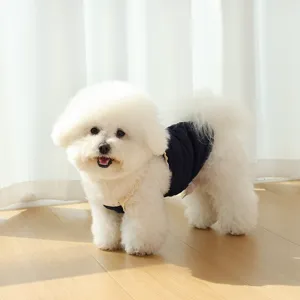 Close-up detail shot of cute puppy wearing breathable blue lace strap pet vest for summer.