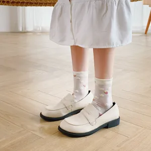 Cute Japanese white mid-calf socks with sweet strawberry cloud prints for spring summer.