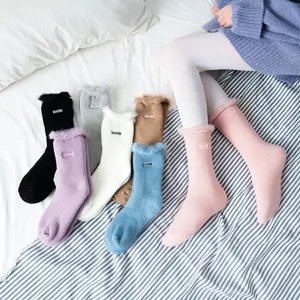 Women Winter Thickened Brushed Warm Towel Socks Sweet Embroidery Rolled Edge Mid-Tube Thermal Socks