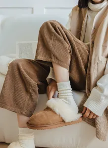 Beige ribbed mid-tube wool socks for women, cozy vintage style winter warm socks.