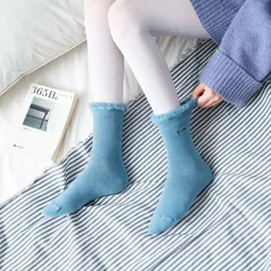 Winter women thick plush embroidered rolled cuff mid-tube cozy warm thermal socks.