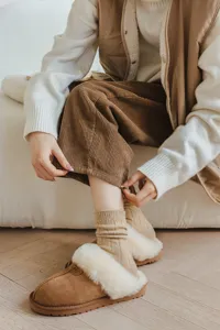 Women minimalist ribbed wool socks vintage brown mid-tube stack socks winter cozy