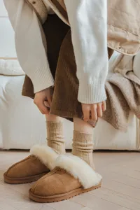 Cozy ribbed knit wool mid-calf socks in retro brown style, perfect for winter daily wear.
