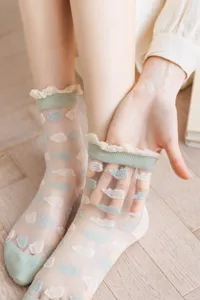 Sheer mesh summer women socks detail showcasing breathable fabric and cute cloud patterns.