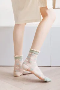 Sheer mesh ankle socks featuring cute cloud patterns and delicate ruffled mint cuffs.