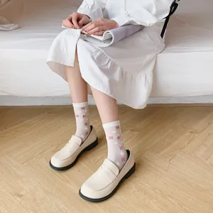 Cute Japanese sweet white mid-calf socks with bows and strawberry prints, stylish women thin socks.