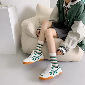Green striped mid-calf socks for women, sweet Japanese college style cotton hosiery.