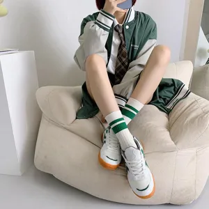 Green striped mid-tube socks for women, fashionable Japanese college style casual daily wear socks.
