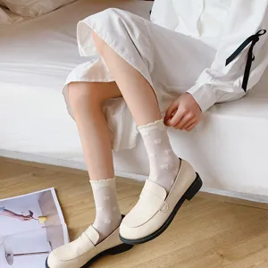 Japanese sweet white sheer mid-calf socks for women, cute bowknot pattern, spring summer thin mesh socks.