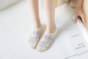Detail view of cute Japanese mesh boat socks for women, thin summer cotton invisible socks.