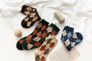 Damen Vintage Argyle Wolle Wadenstrümpfe dicke Winter Retro warme lässige Strumpfwaren