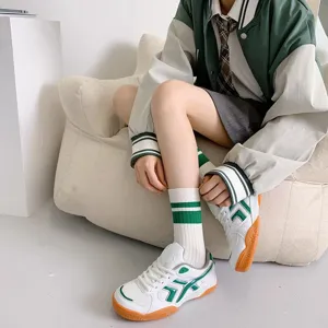 Green striped mid-tube socks for women, cute Japanese college style casual cotton socks.