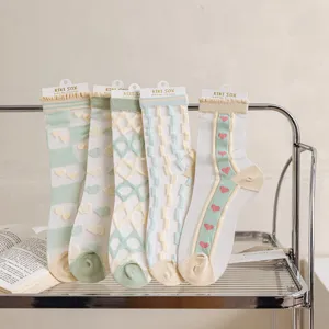 Sheer mesh cute socks detail, japanese style thin summer socks with sweet hearts and grid patterns.