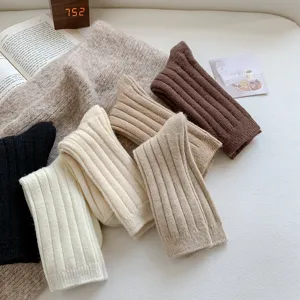 Close-up detail of cozy ribbed knit wool socks in winter colors, soft texture display.