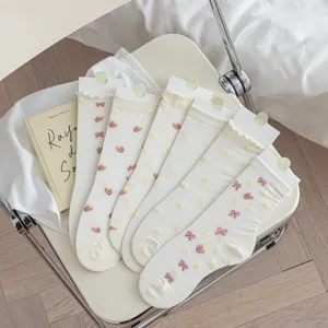 Sweet Japanese style white mid-tube socks with cute strawberry and bow floral patterns
