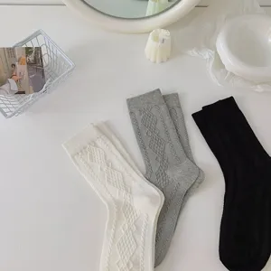 Women's thin cotton mid-tube socks, Japanese ins style solid color diamond knit casual hosiery.