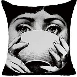 Federa per cuscino in lino stampa arte retro bianco e nero, divertente copricuscino viso vintage.