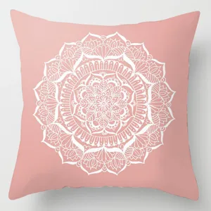 Pink mandala throw pillow cover, exquisite floral geometric pattern, cozy home decor.