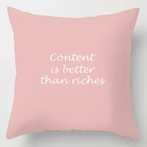 Pink throw pillow detail, soft polyester fabric with inspirational English text print.