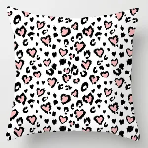 Pink heart leopard print pillow cover, soft polyester cushion cover for living room.