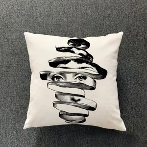 Federa per cuscino stampata con viso surrealista vintage, cuscino decorativo in lino.