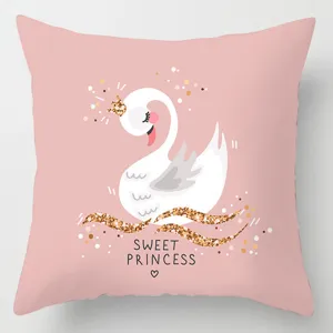 Detailed view of the cute pink swan printed throw pillow cover with crown and sweet style.