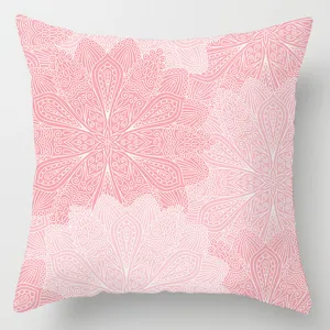 Pink mandala throw pillow case detail, floral geometric cushion cover for home sofa decor.
