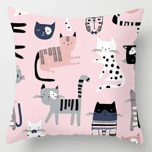 Pink cartoon cat print throw pillowcase, soft polyester decorative cover for living room sofa bedroom.