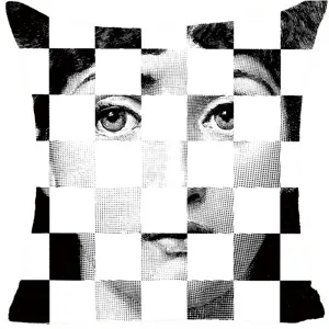 Dettaglio fodera per cuscino a quadri retrò, tessuto in lino bianco e nero artistico.