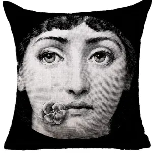 Federa per cuscino in lino stampa viso retro vintage design artistico bianco e nero