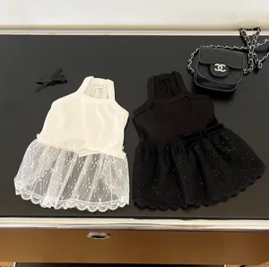 Detailed view of pet lace suspender dress, elegant floral lace skirt and sleeveless design.