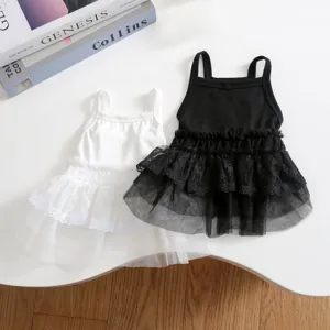 Detailed view of pet summer strap lace mesh dress in black and white colors, flat lay style.