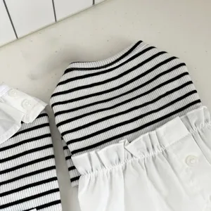 Close-up detail of black and white striped pet dress with cute white ruffles for small dogs.