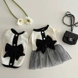 Vintage Small Fragrance Style Pet Dog Dress Bowknot Imitation Pearl Knitted Vest Puppy Cat Princess Clothes Apparel