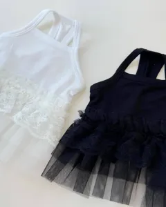 Detailed view of pet summer strap dress, cute lace and tulle design for small dogs and cats.