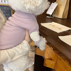 Detail shot of soft ribbed pet sweater in light purple with cute elbow patches for small dogs.