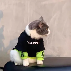 Cute pet hoodie for cats and small dogs, black and green contrast design with stylish letter prints.