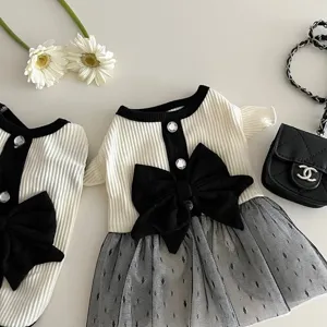 Spring summer retro style pet dog dress cute bow mesh skirt black white knit puppy clothes