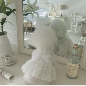 Cute white pet lace dress summer puppy tutu skirt with big bow for small dogs and cats.