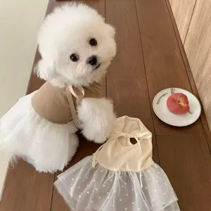 Pet dog mesh dress cute bow polka dot skirt spring summer puppy apparel detail view