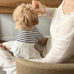 Cute pet dog summer striped dress with white skirt, breathable puppy apparel for small dogs.