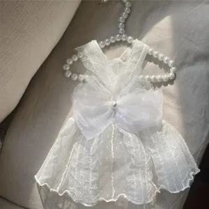 Detailed view of white lacy pet princess dress with big bow, elegant small dog wedding gown.